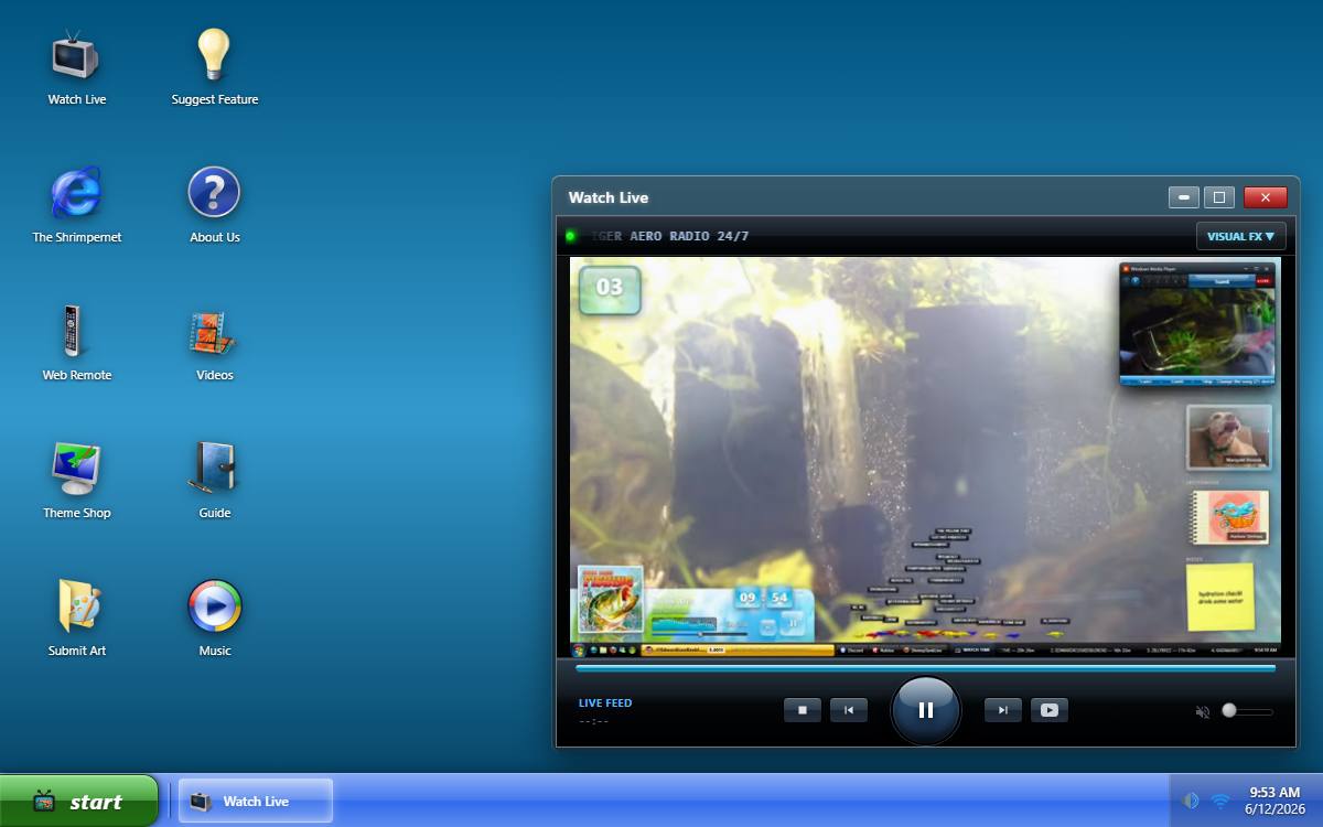 Screenshot of Shrimp Tank Live, a custom Windows-Vista-style desktop web app with a live aquarium stream